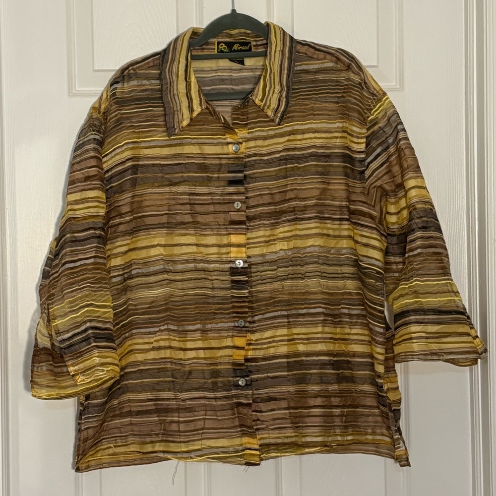 Mirasol Yellow Brown Striped Translucent Button Down Shirt - Size XL